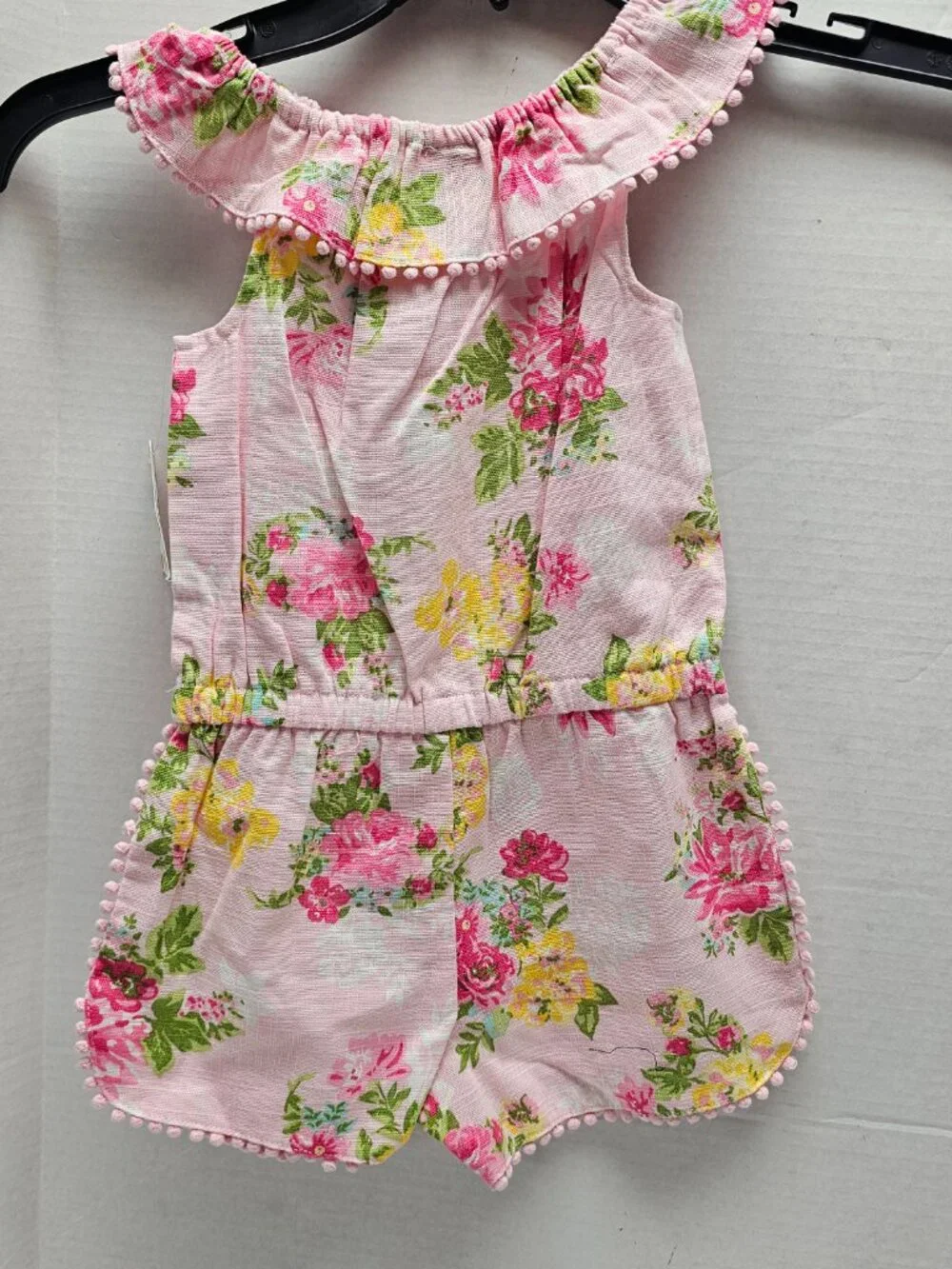 New Little Me Pink Baby Girl Flower Woven Romper Sleeveless Pom edge 24 Month